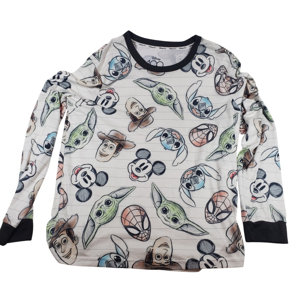 Disney 100 Sketch‎ Characters Mickey Stitch Baby Yoda Long Sleeve Pajama Large